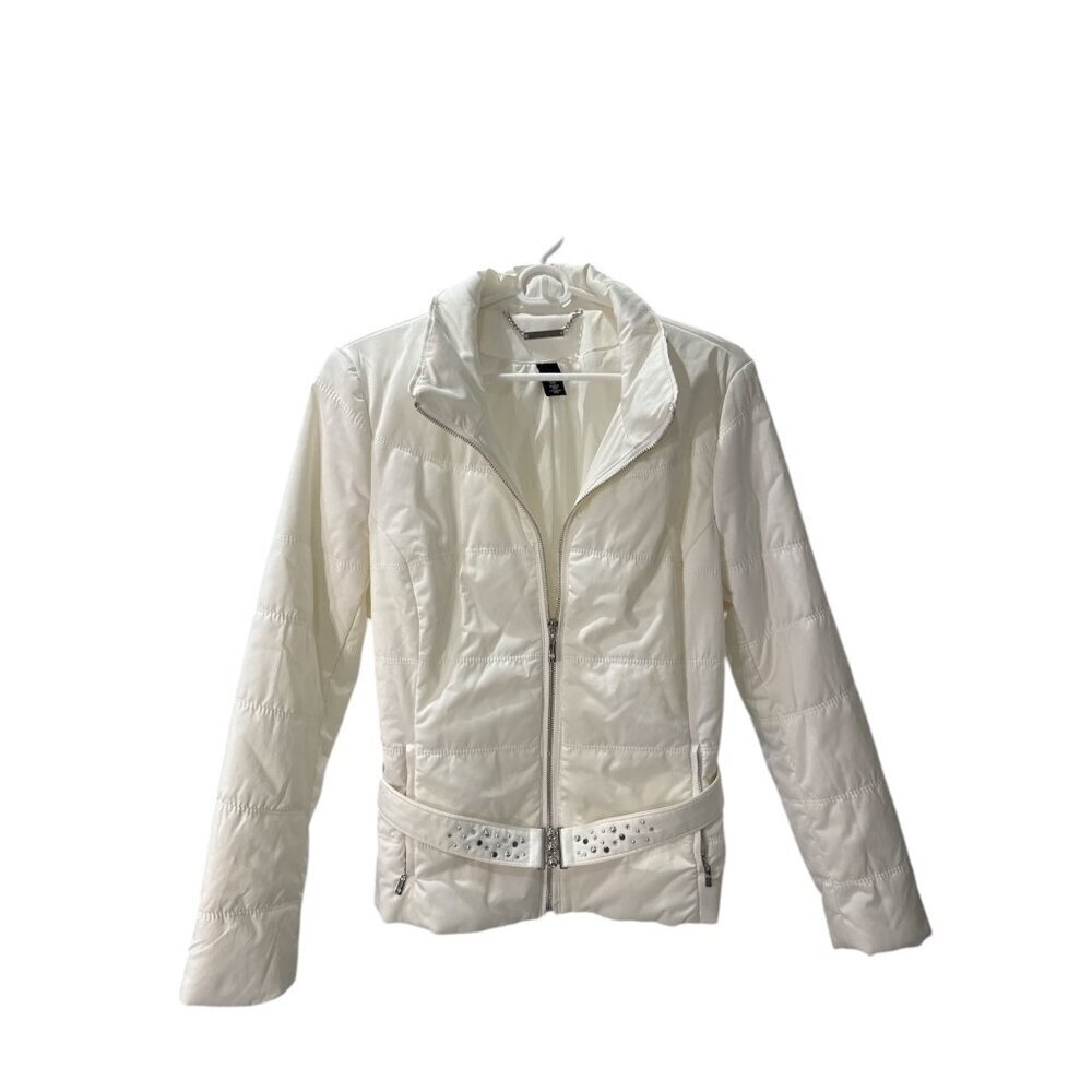 White House Black Market Womens White Quilted Jacket Medium With Rhinestones EUC